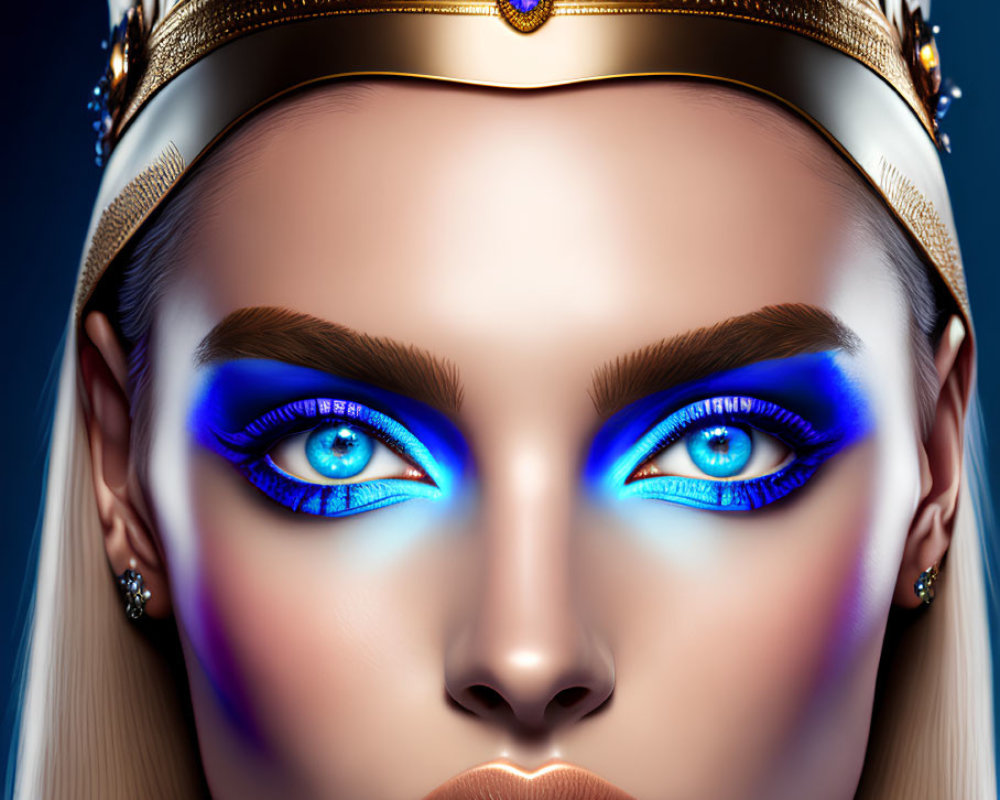 Digital portrait of a woman with blue eyes, bold makeup, and golden crown with blue jewels