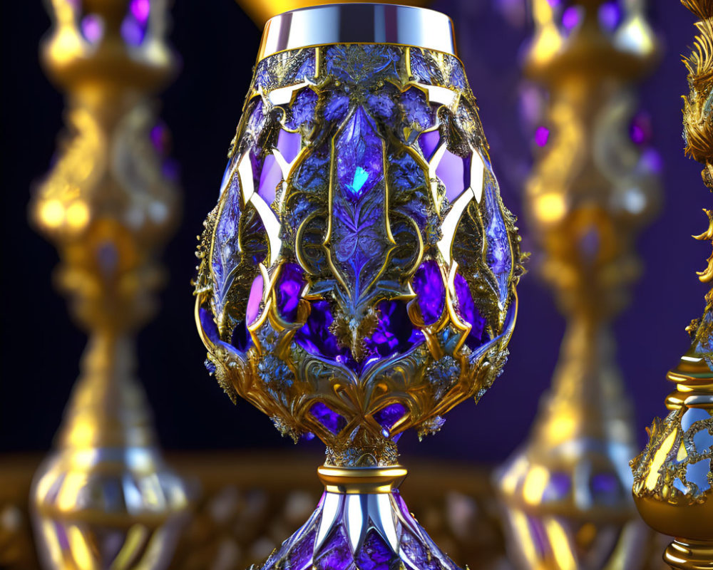 Golden chalice with filigree details and blue gemstones on blue background