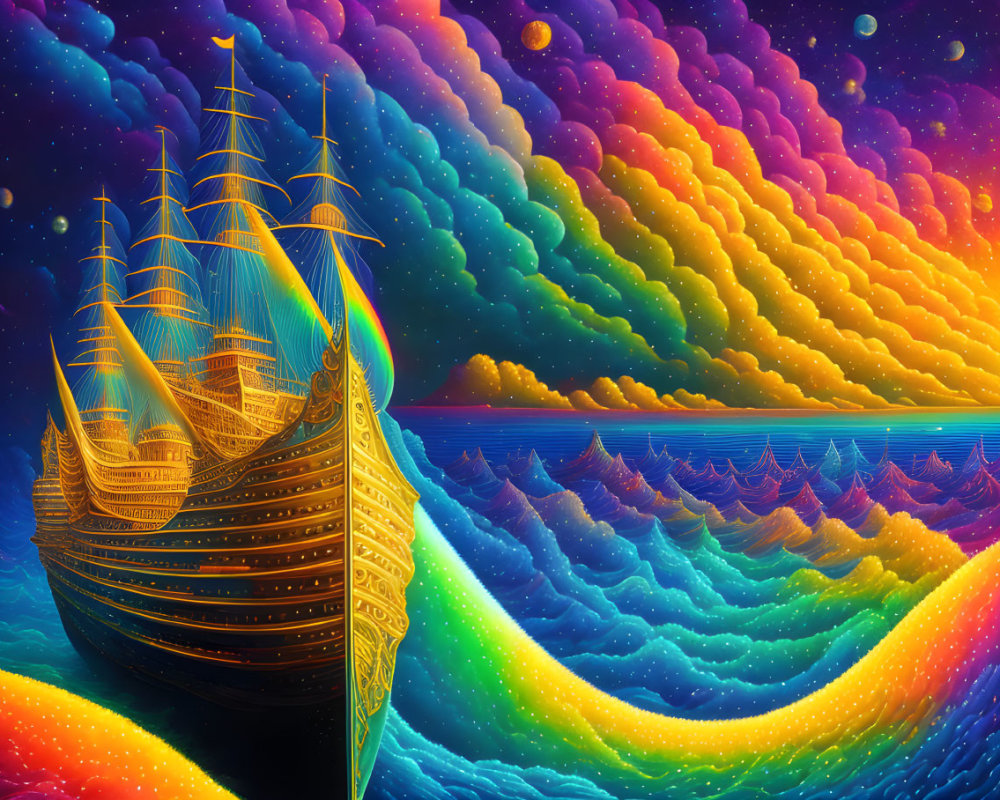 Vibrant surreal illustration of old sailing ship on rainbow waves under starry sky