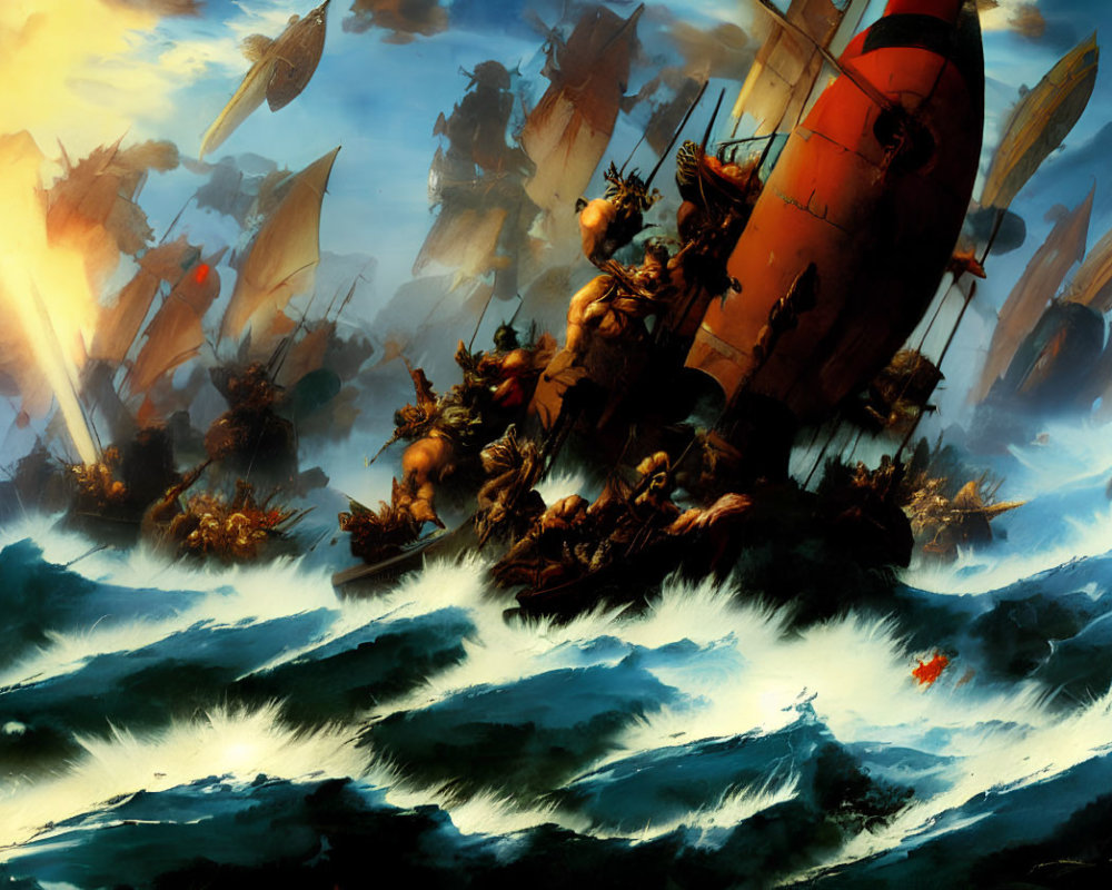 Epic fantasy sea battle with warriors, large ship, and armada amidst towering waves.