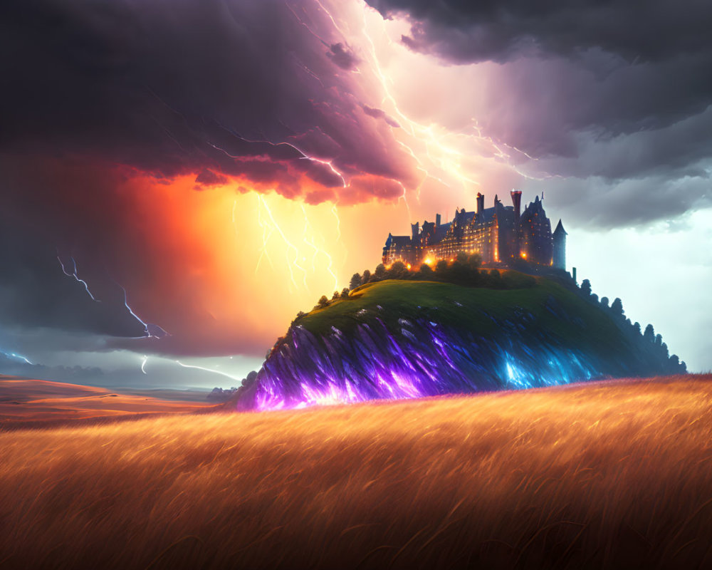 Majestic castle on hill in golden field under dramatic thunderstorm sky