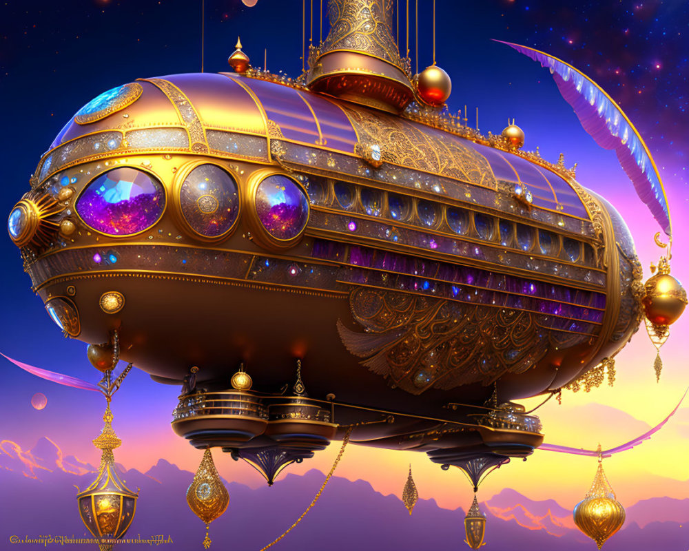 Steampunk-style airship with gold details and gemstones in twilight sky