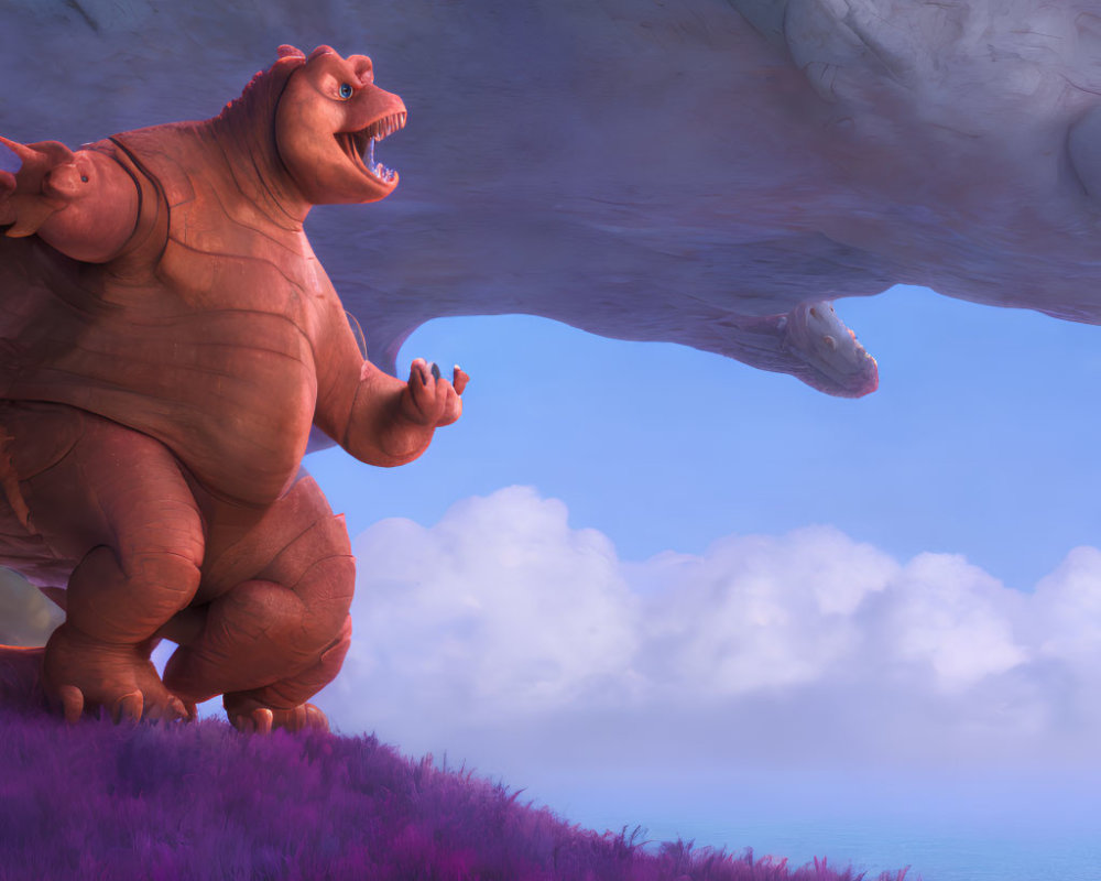 Large bear-like creature animated beside lavender plants and cliff under cloudy sky