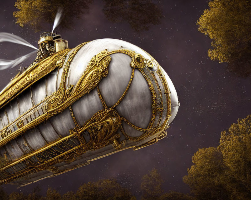 Steampunk airship with gold details flying over forest at dusk