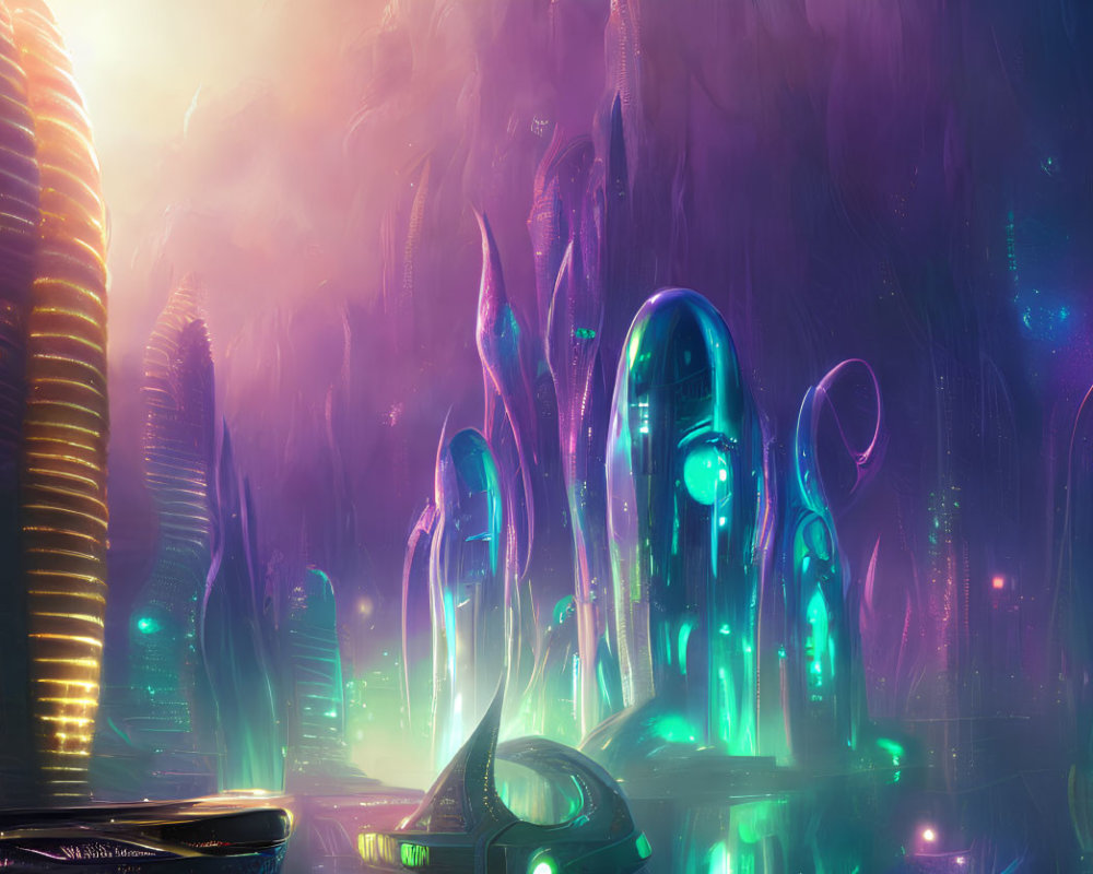 Futuristic cityscape with towering luminescent structures and purple-teal color palette