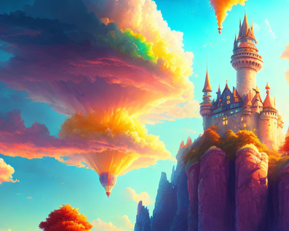 Fantasy landscape with castle, hot air balloon, colorful skies & floating islands