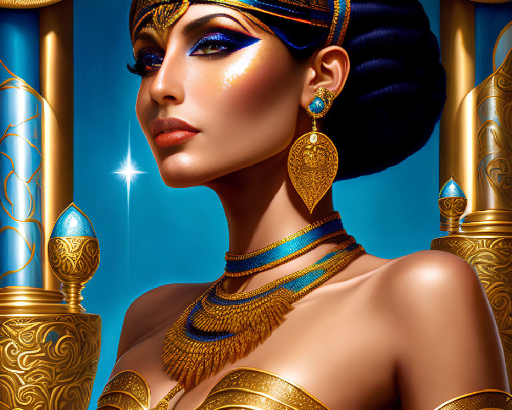 Ancient Egyptian-style woman with golden jewelry and Cleopatra-inspired hairstyle on blue background