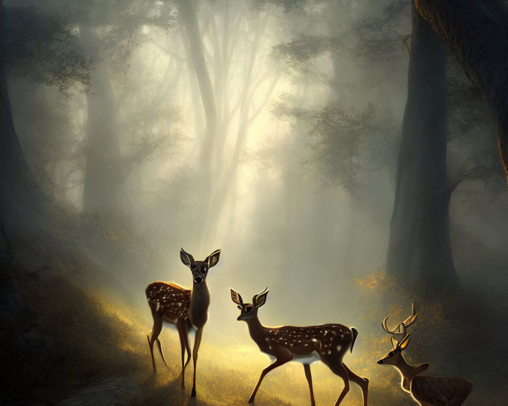 Tranquil forest landscape with three deer in soft golden light