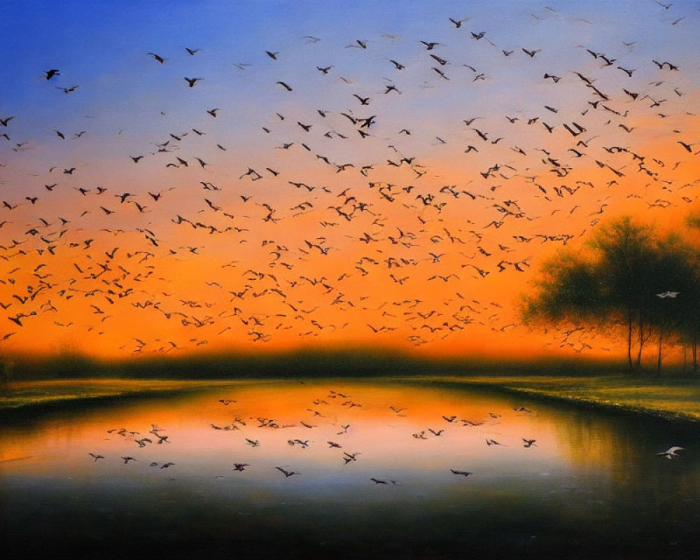 Tranquil sunset scene: Birds flying over golden lake.