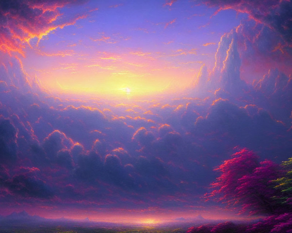 Vibrant purple and pink sunrise over calm sea and clouds with foliage silhouette