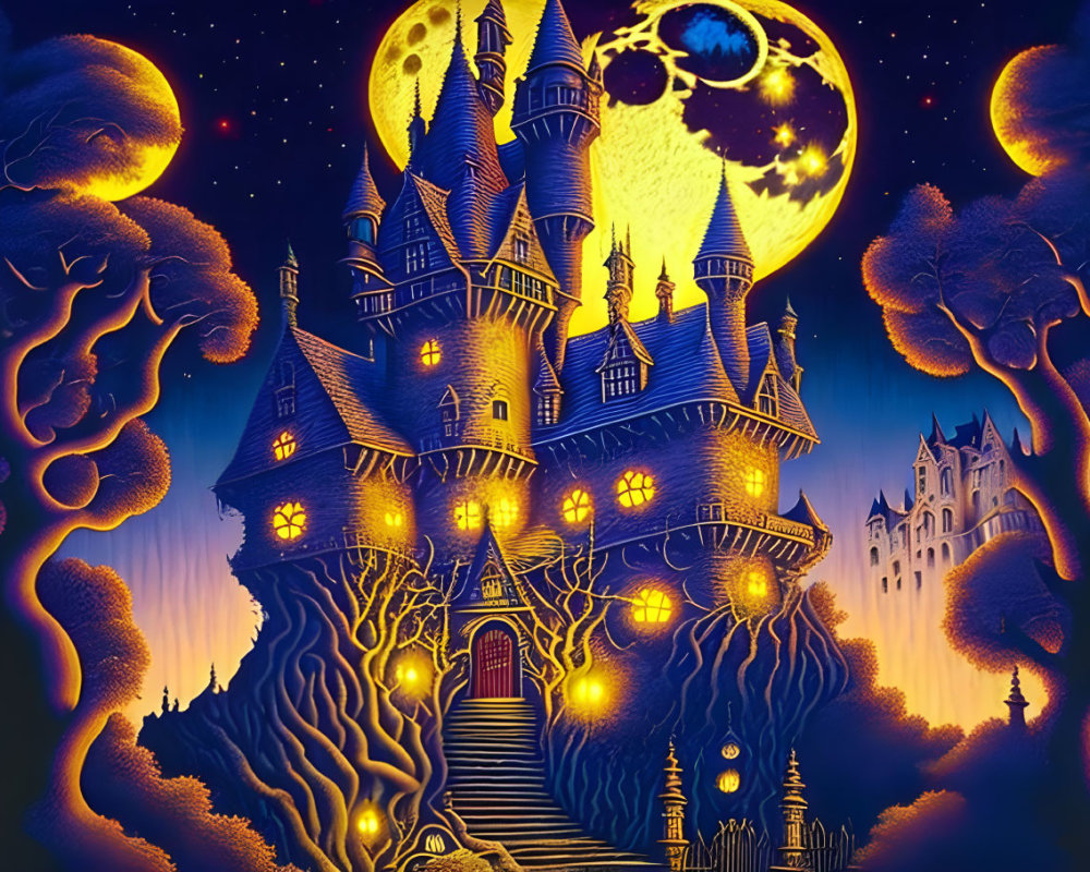 Enchanting castle with spires under full moon and fantastical trees