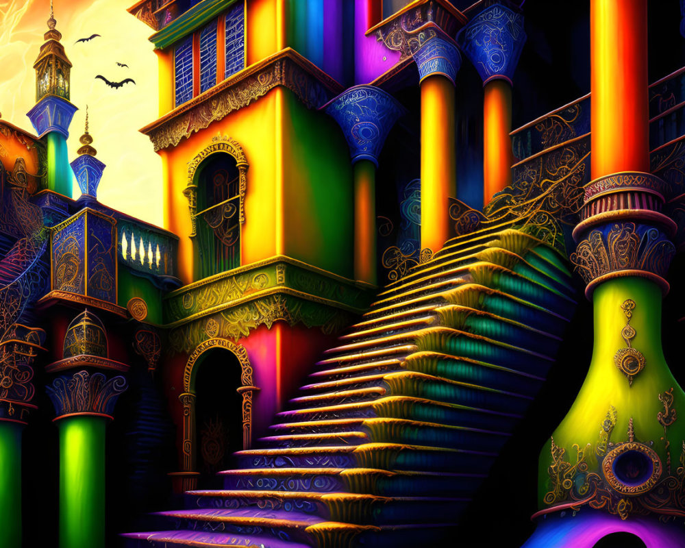 Colorful whimsical building with ornate pillars and glowing staircase under twilight sky