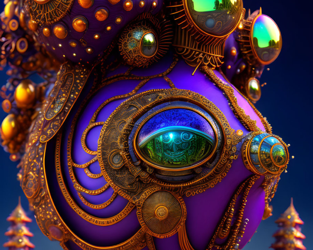 Colorful Fractal Image with Ornate Golden Patterns on Spheres