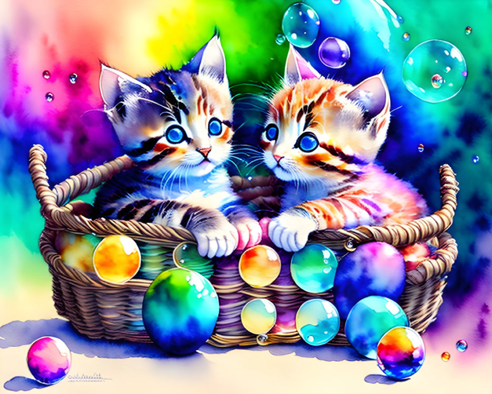 Colorful Kittens in Basket Surrounded by Bubbles on Watercolor Background