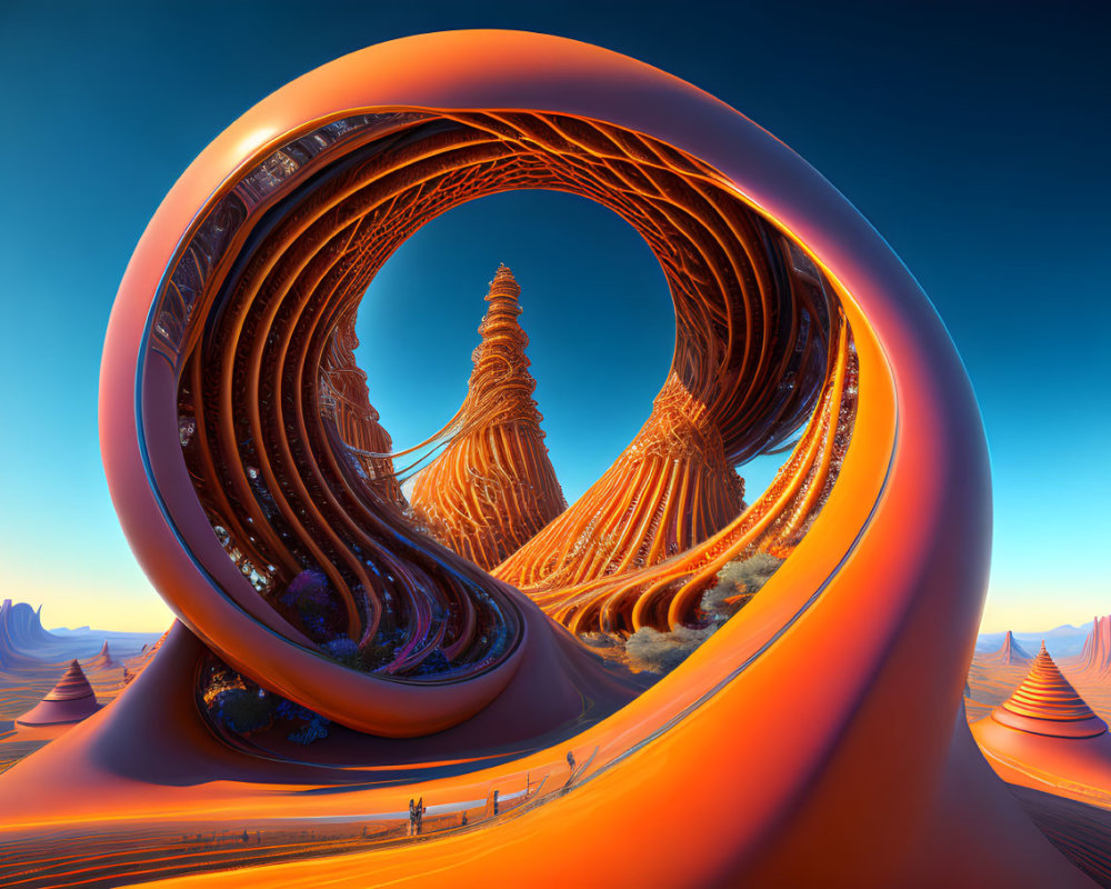 Orange Twisted Structures and Spiral Tower in Surreal Landscape