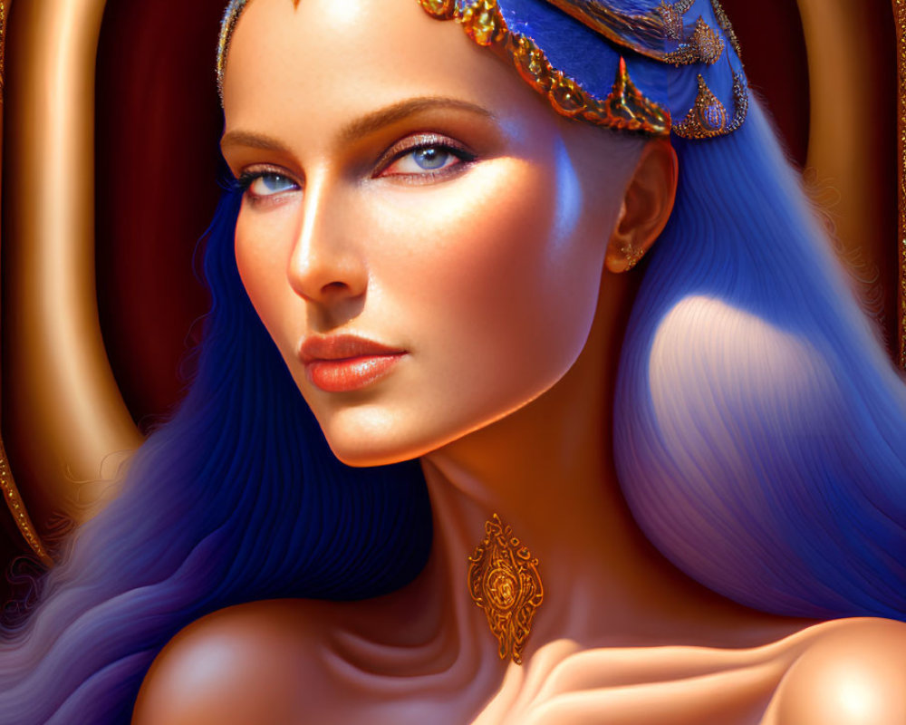 Stylized portrait of woman with blue hair and eyes, gold tiara, pendant, warm orn