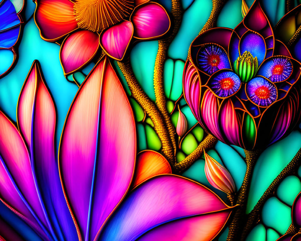 Colorful Stylized Floral Artwork with Neon Outlines & Intricate Patterns