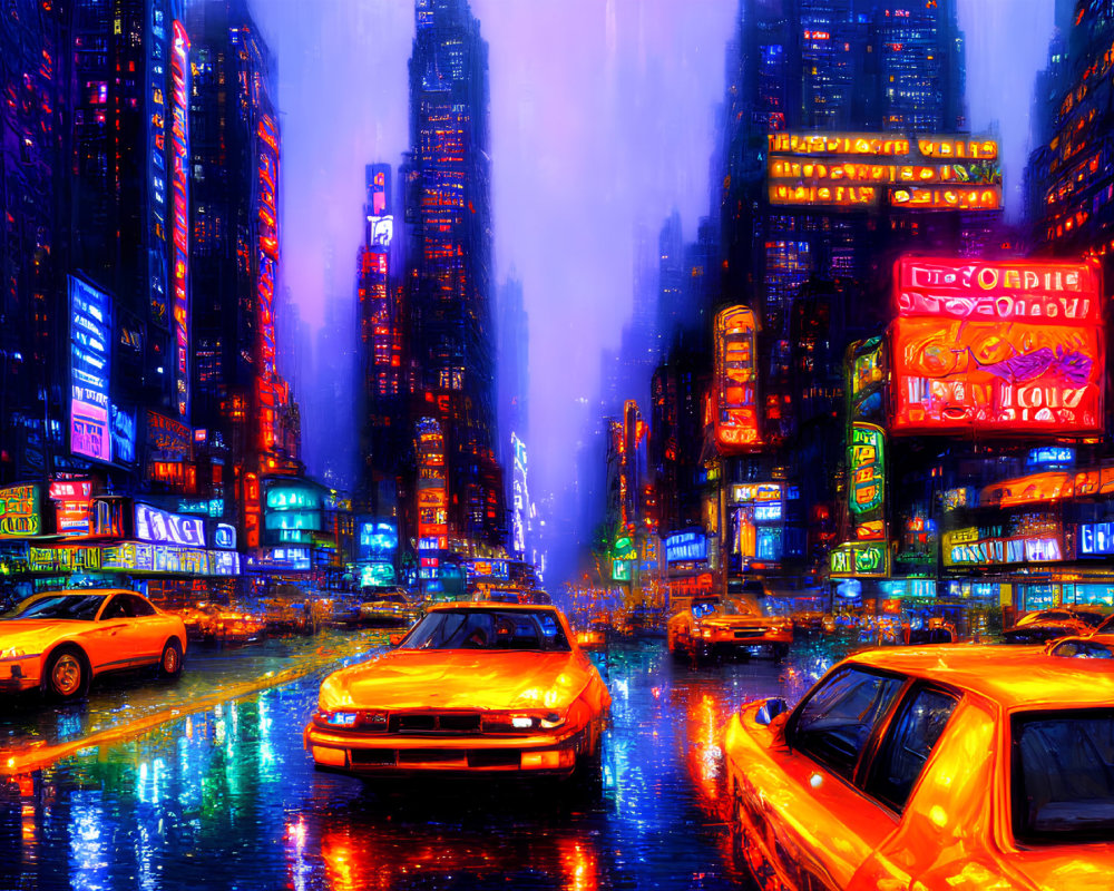 Neon-lit city at night with wet streets and yellow cabs.