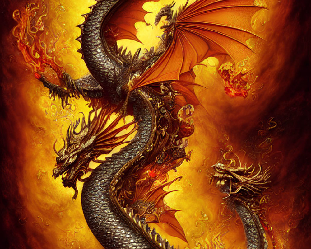 Majestic golden dragon with flaming wings in fiery backdrop