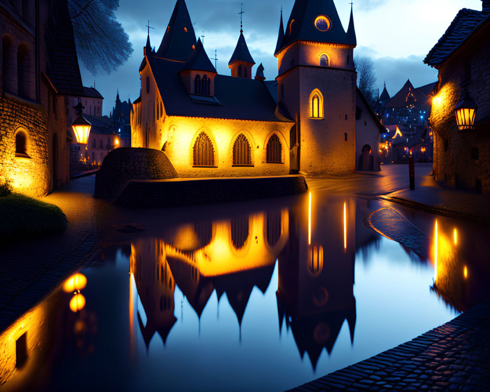 Medieval town night scene with illuminated buildings and tranquil water reflection.