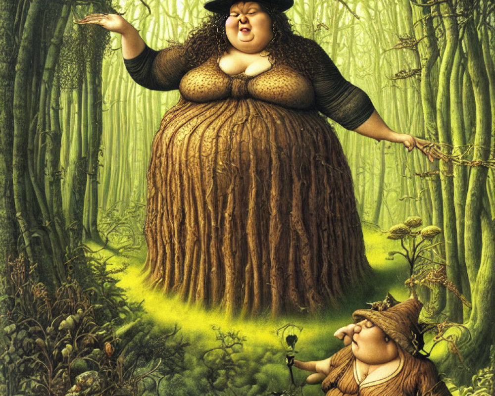 Illustration of Large Woman and Small Figure in Tree-Like Dresses in Forest