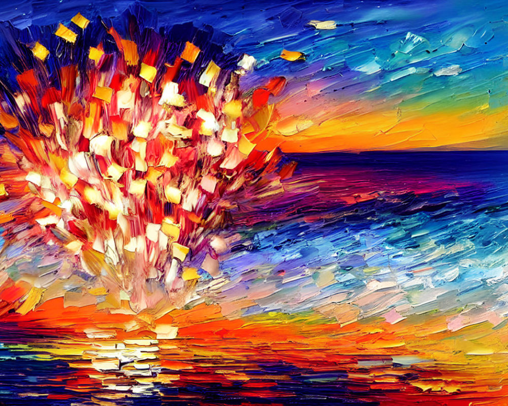 Colorful Abstract Painting: Warm Burst Over Blue Seascape