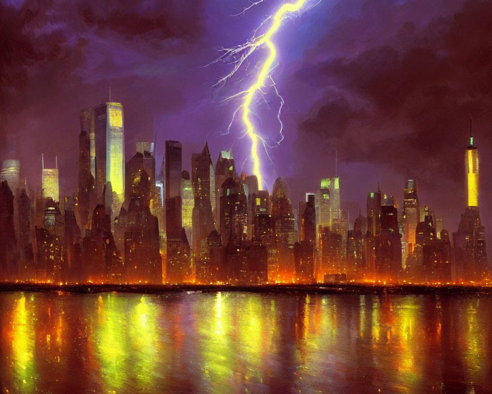 City skyline at night reflecting on water under stormy sky with lightning bolt