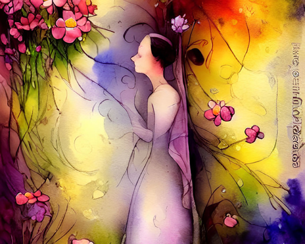 Colorful Woman Illustration Blending with Floral Background