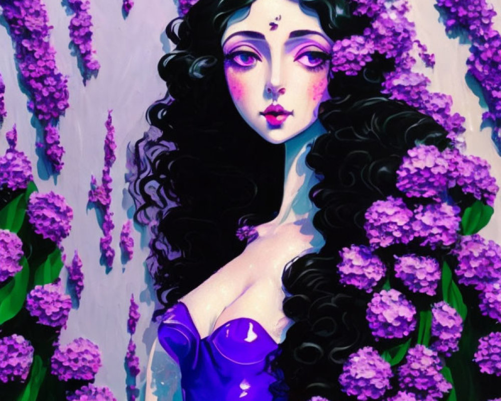 Stylized painting of woman with black hair among purple flowers