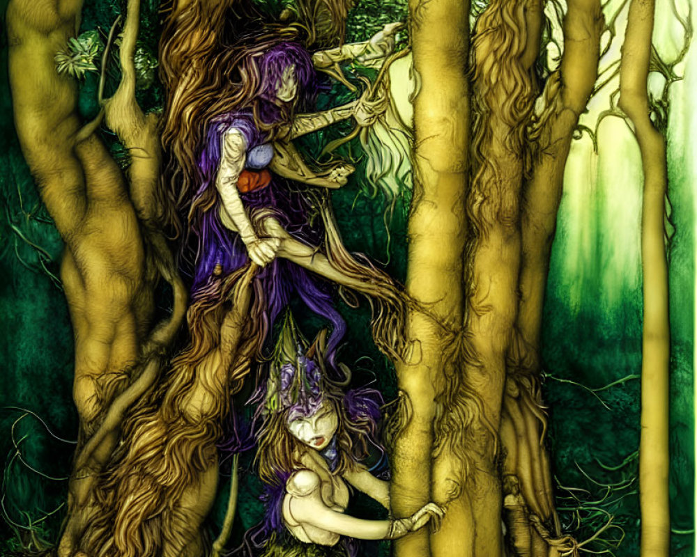 Fantasy illustration of two ethereal female figures in mystical forest