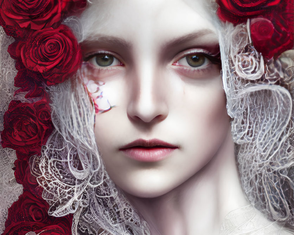 Pale Woman with Striking Gaze, Red Roses, White Lace, Petal Eye Cover