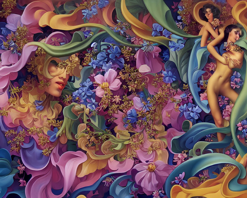 Surreal artwork: Woman's face in floral setting with embracing figure