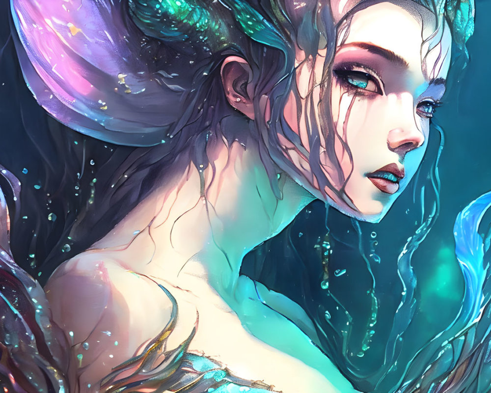 Ethereal underwater fantasy portrait of a mermaid with iridescent scales