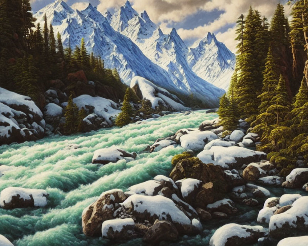 Detailed painting of snowy river flowing through forest with rocky banks, leading to distant snow-capped mountains under