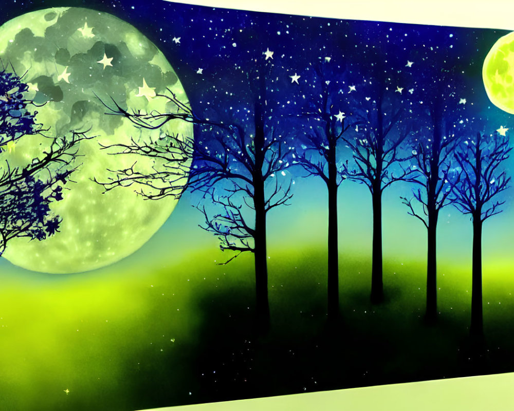 Stylized night landscape with glowing moons, stars, and bare trees