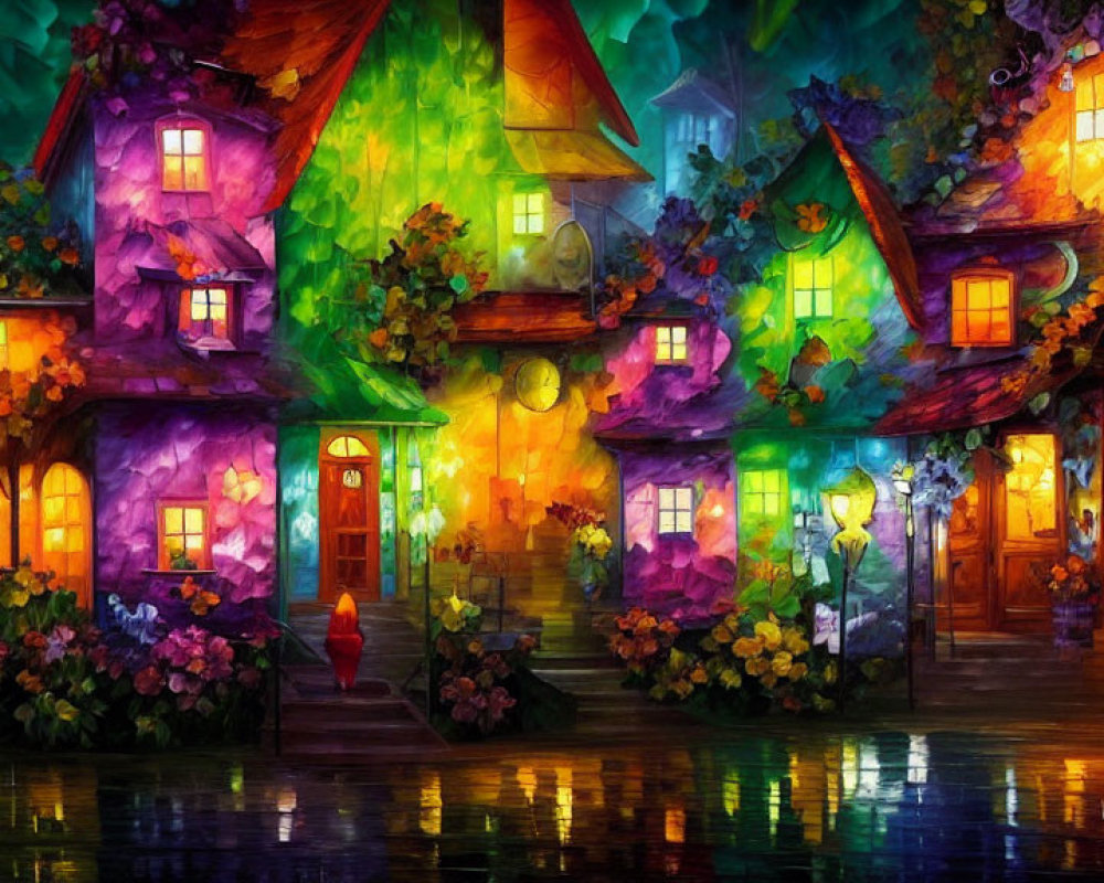 Colorful Whimsical Painting of Illuminated Houses and Lush Foliage at Night