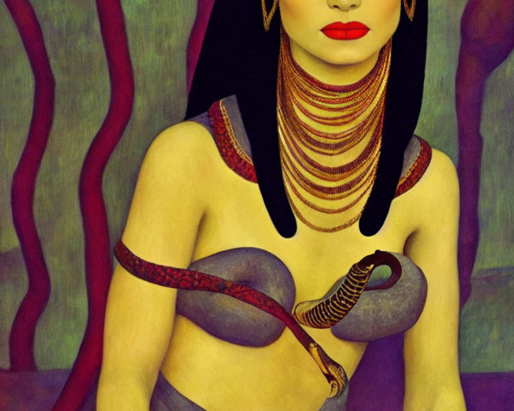 Stylized painting of woman in Egyptian headdress with snake on purple background