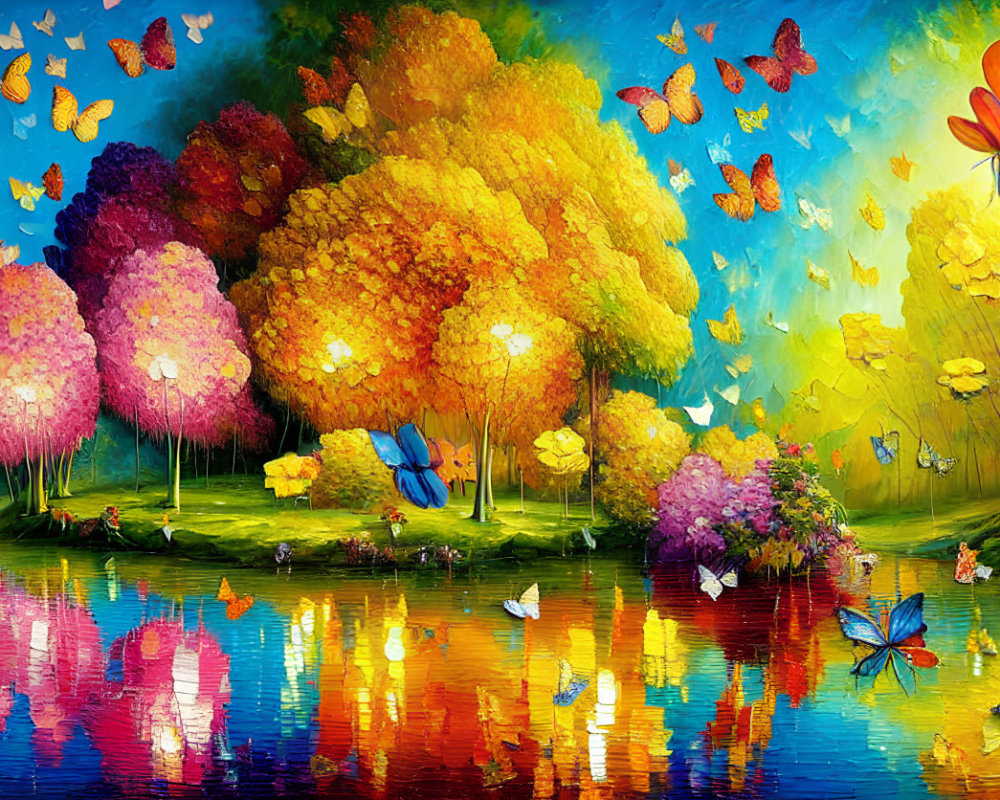 Colorful forest painting with reflective water and fluttering butterflies