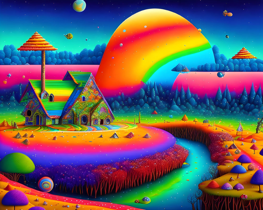 Colorful Cottage in Surreal Landscape with Rainbow Hills