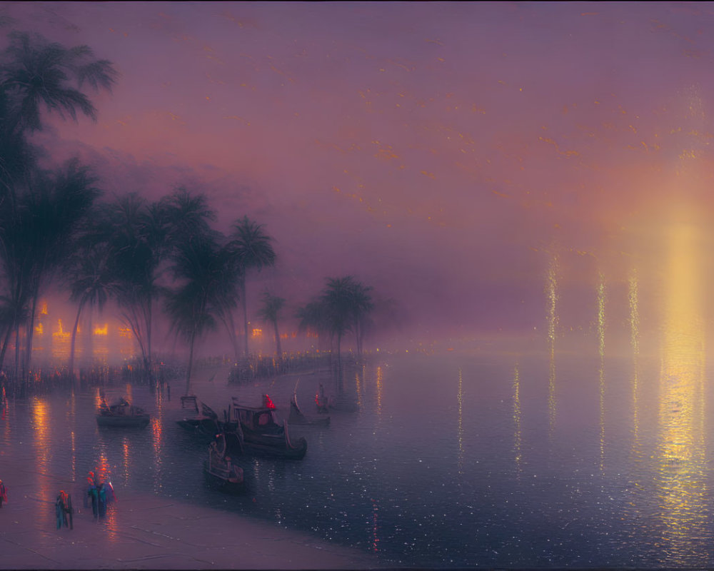 Scenic riverbank at dusk with glowing boats and lantern-lit sky