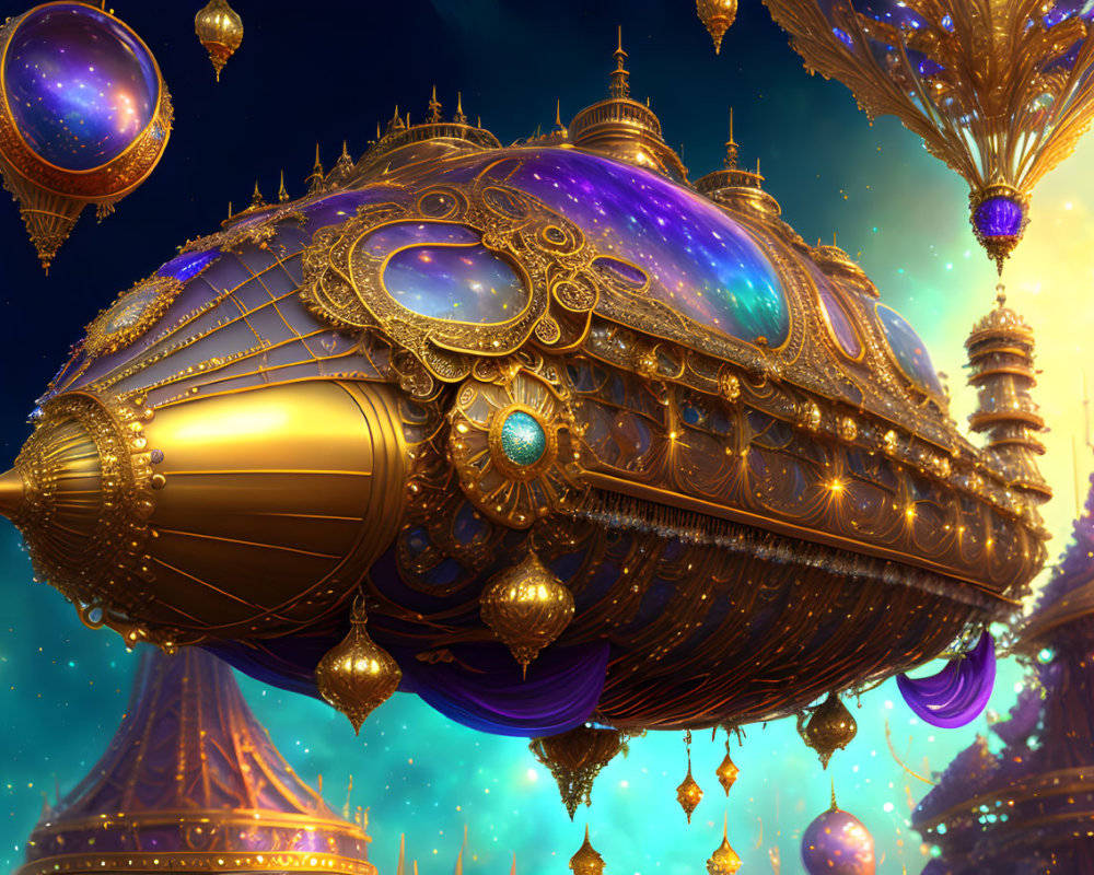 Golden ornate airship and glowing orbs in fantastical sky