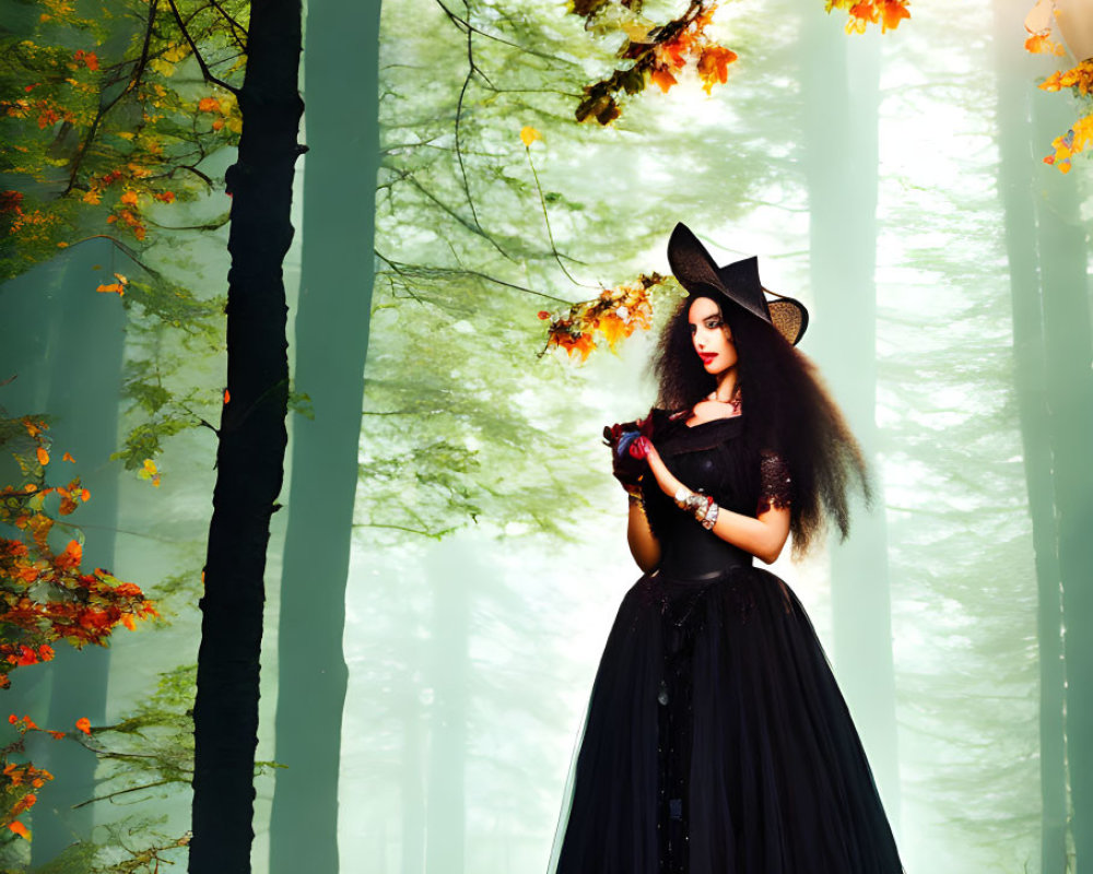 Woman in Black Dress and Hat in Misty Autumn Forest