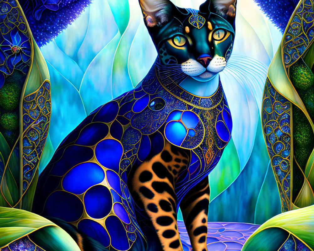 Colorful Digital Artwork: Cat with Intricate Patterns and Jewelry Among Fantastical Flora