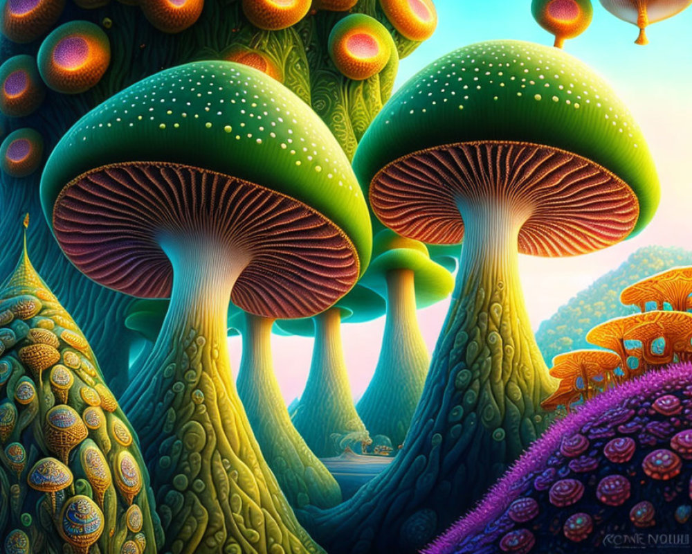 Vibrant oversized mushrooms in alien landscape with intricate gill patterns