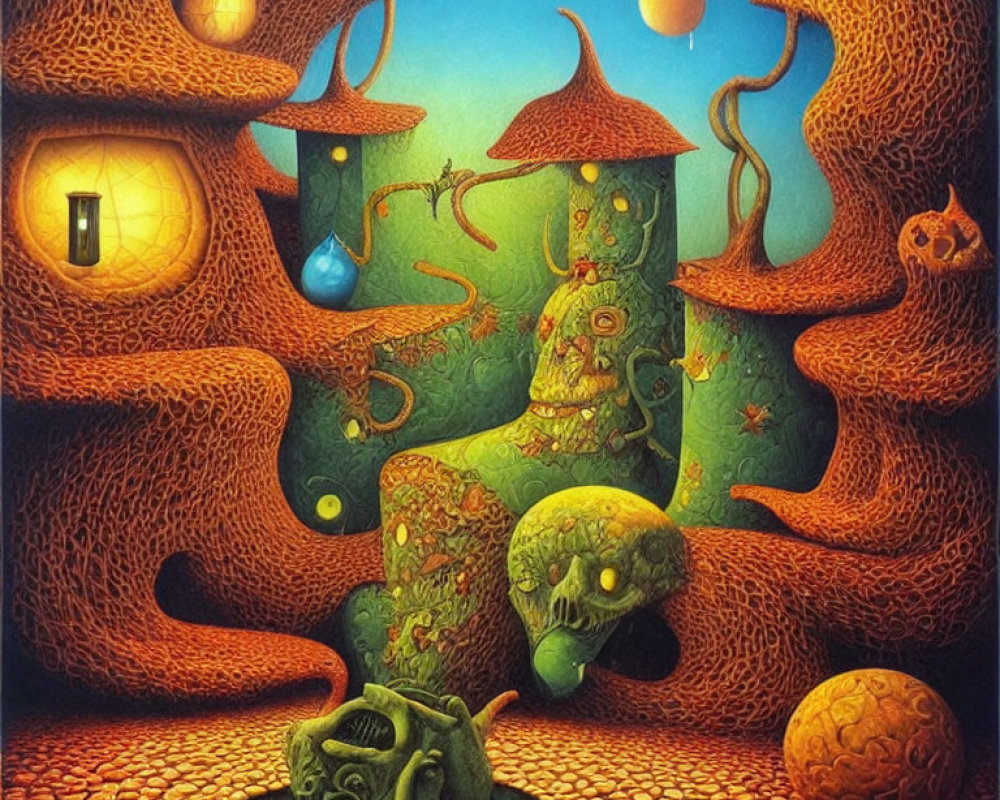 Surreal artwork with organic shapes: mushrooms, trees, vibrant oranges and greens, warm light,