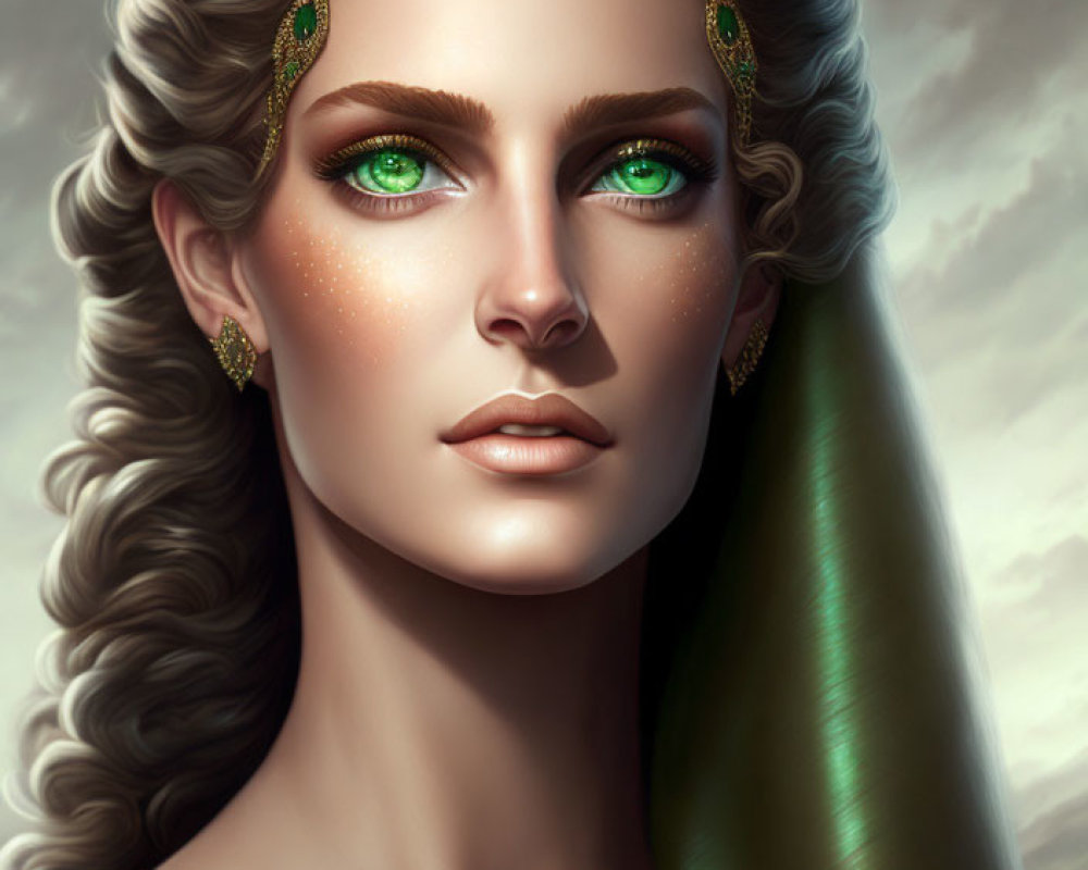 Detailed portrait of woman with green eyes, ornate headpiece, earrings, and wavy hair.