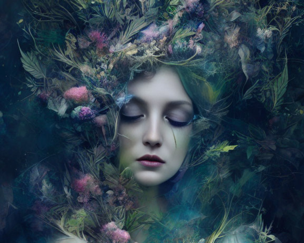 Serene woman with closed eyes surrounded by vibrant wildflowers and greenery in mystical dark floral backdrop