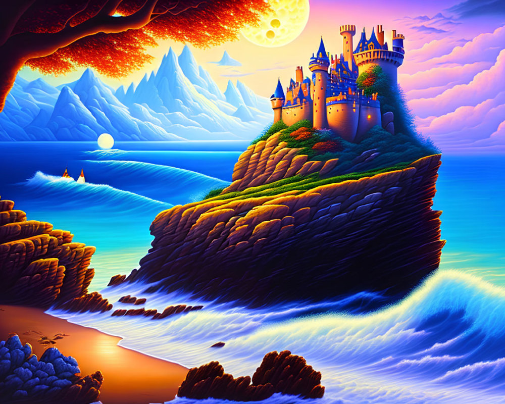 Fantasy landscape with castle on cliff, waves, mountains, dual sky