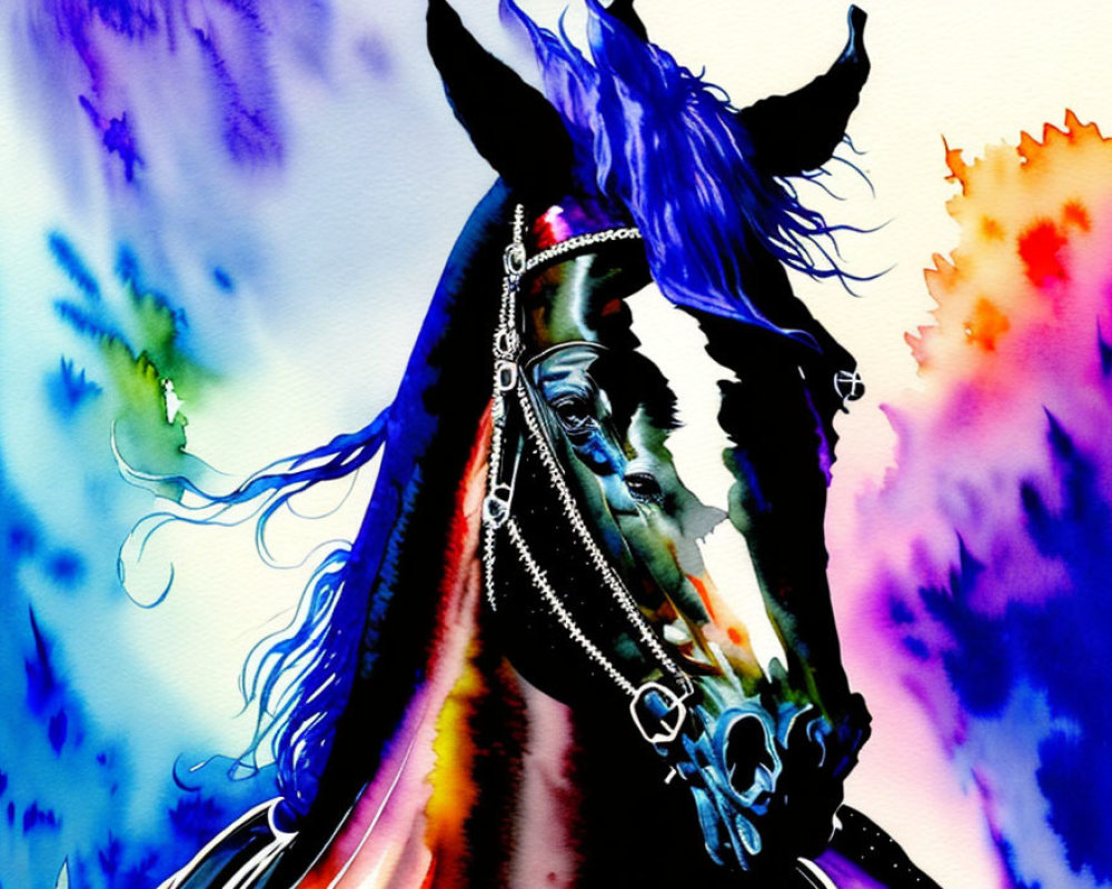 Colorful Watercolor Painting of Black Horse with Jeweled Bridle