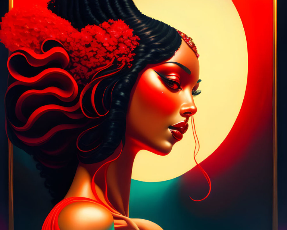 Colorful digital artwork of a woman in red dress with ornate hairstyle and sun motif backdrop